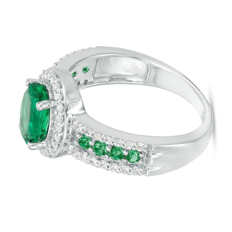 Oval Lab-Created Emerald and White Sapphire Frame Ring in Sterling Silver