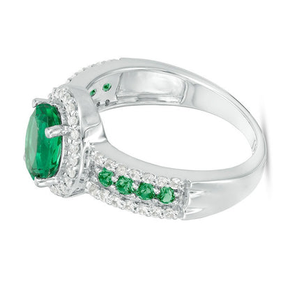 Oval Lab-Created Emerald and White Sapphire Frame Ring in Sterling Silver
