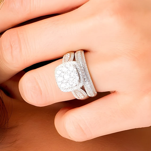1.5 CT. TW Composite Diamond Cushion Frame Multi-Row Bridal Set in 10K White Gold