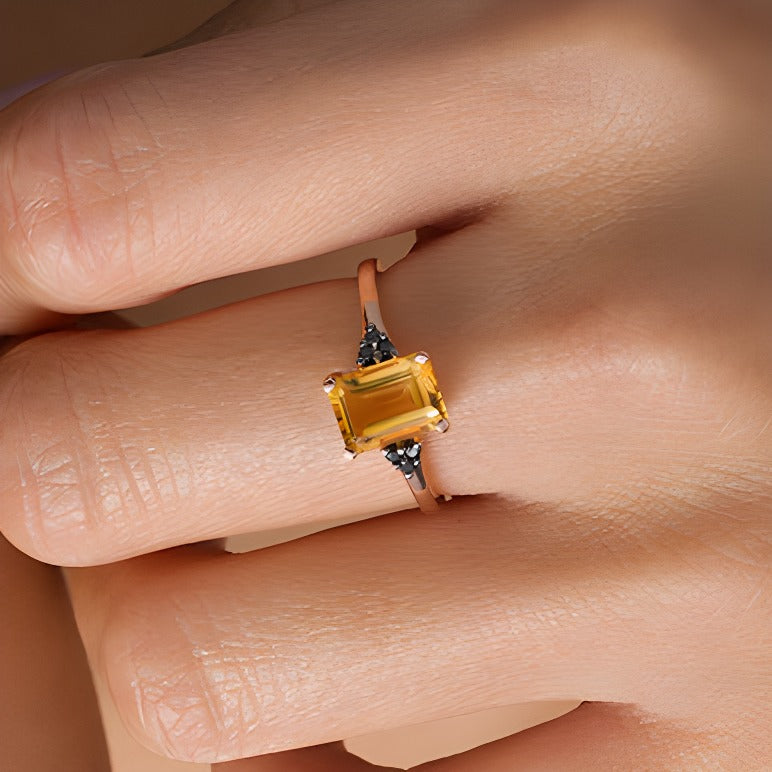 Emerald-Cut Citrine and 0.05 CT. TW Black Diamond Tri-Sides Promise Ring in 10K Rose Gold
