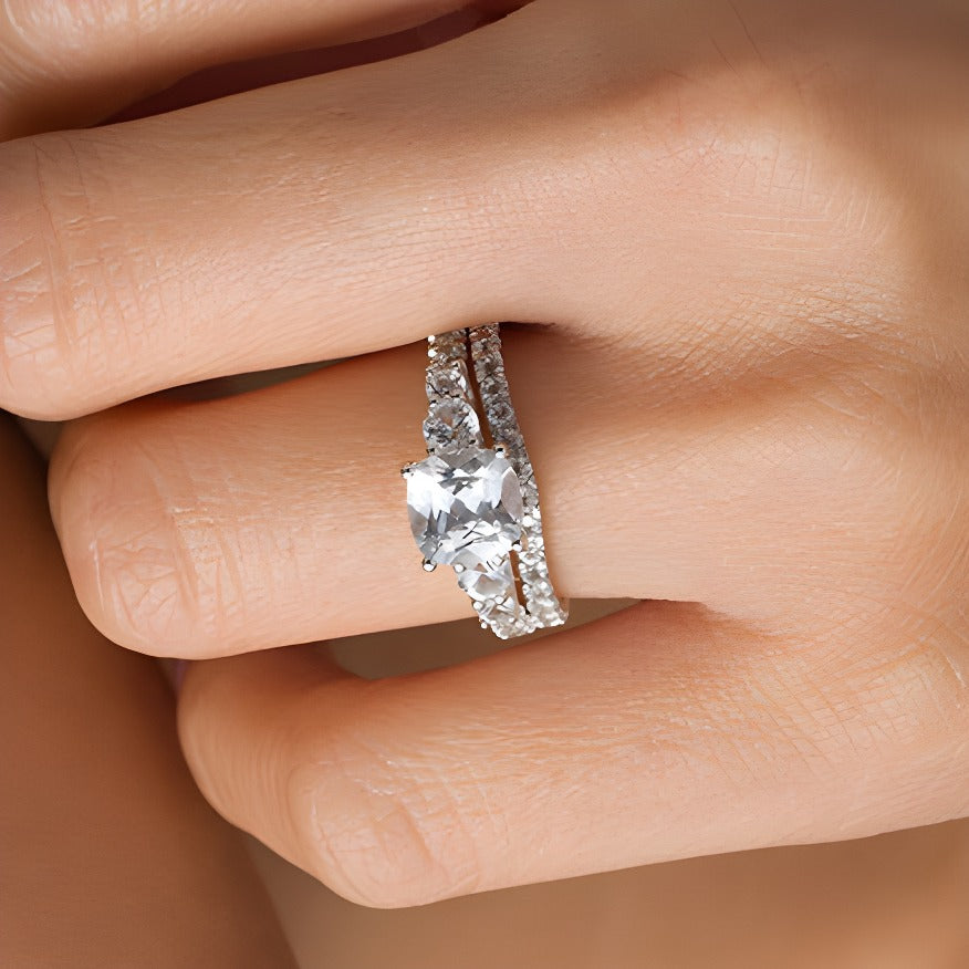 7.0mm Cushion-Cut Lab-Created White Sapphire Bridal Set in Sterling Silver