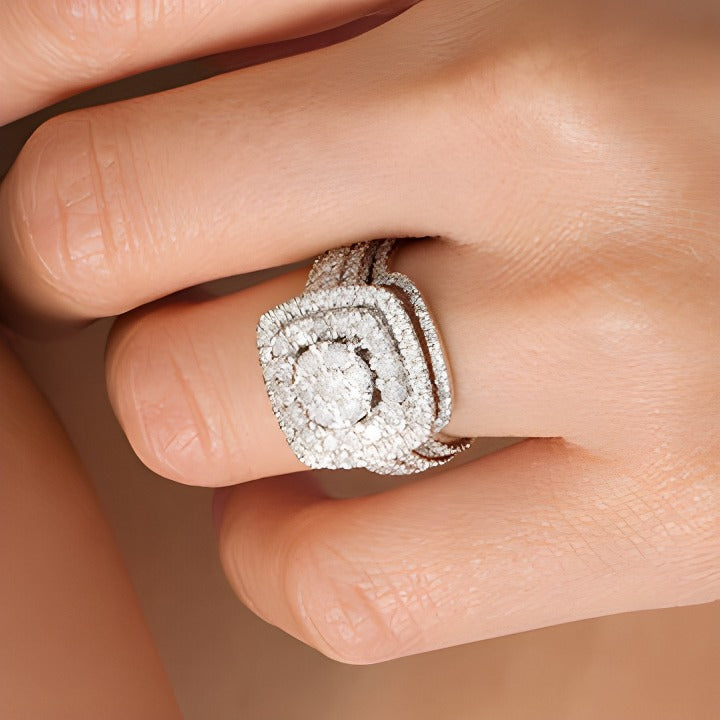 2.0 CT. TW Multi-Diamond Cushion-Shaped Double Frame Bridal Set in 10K White Gold