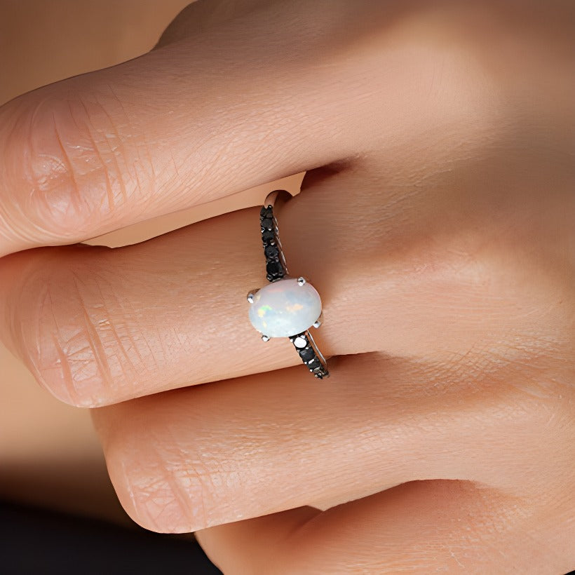 Oval Lab-Created Opal and 0.2 CT. TW Black Diamond Ring in Sterling Silver