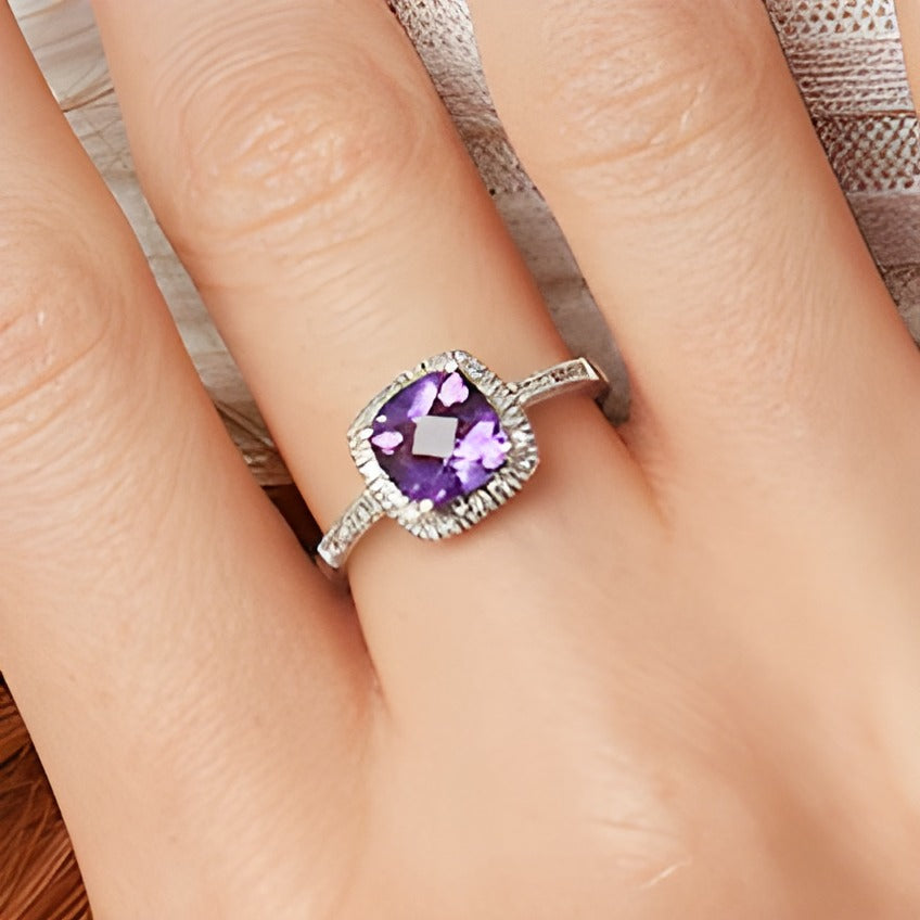 7.0mm Cushion-Shaped Amethyst and 0.2 CT. TW Diamond Frame Ring in 10K White Gold