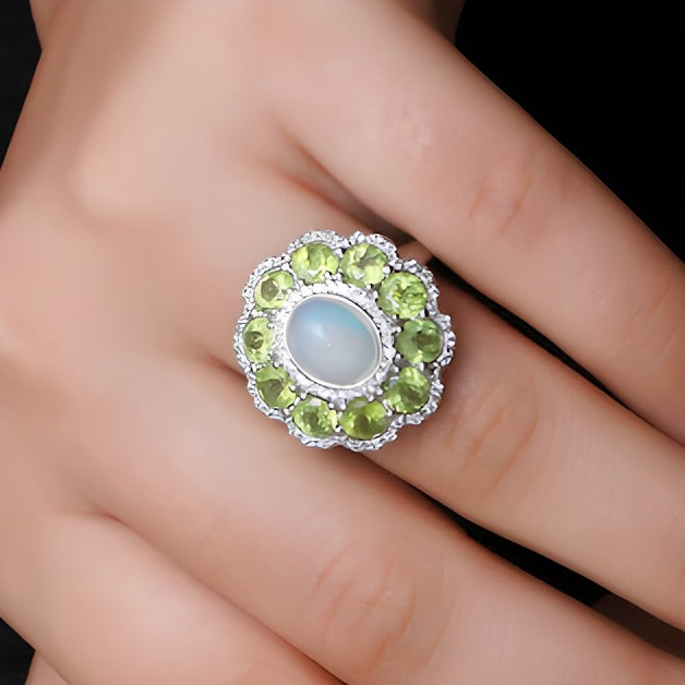 Oval Opal and Peridot with White Lab-Created Sapphire Edge Scallop Petal Frame Floral Ring in Sterling Silver