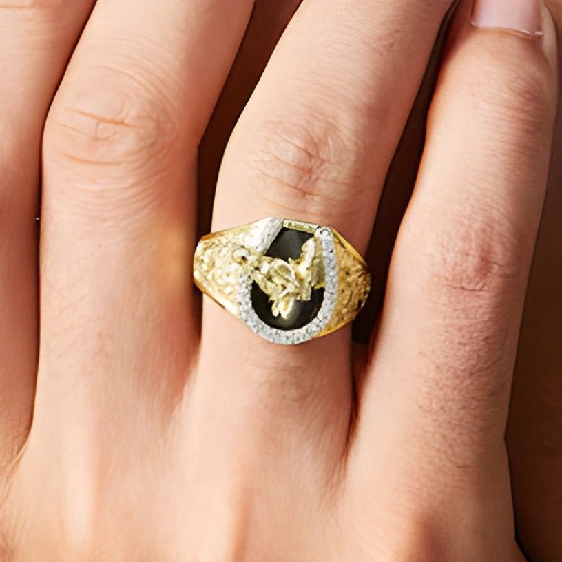 Onyx and 0.13 CT. TW Diamond Horse Nugget Ring in 10K Gold
