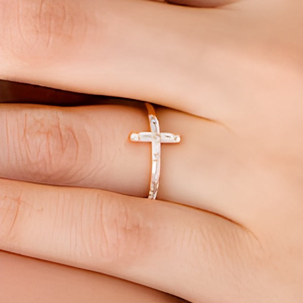 0.17 CT. TW Baguette and Round Diamond Sideways Cross Ring in 10K Rose Gold