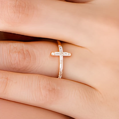 0.17 CT. TW Baguette and Round Diamond Sideways Cross Ring in 10K Rose Gold