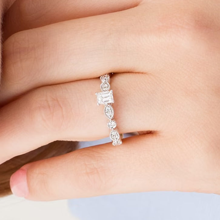0.5 CT. TW Emerald-Cut Diamond wih Marquise Shapes Vintage-Style Engagement Ring in 10K White Gold