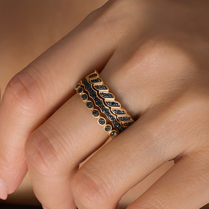 0.25 CT. TW Black Diamond Geometric Three Piece Stackable Band Set in Sterling Silver with 14K Gold Plate
