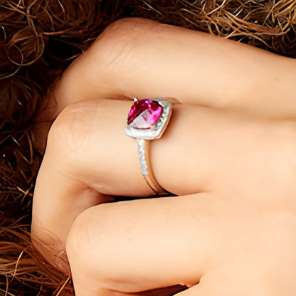 7.0mm Checkerboard Cushion-Shaped Lab-Created Ruby and 0.2 CT. TW Diamond Frame Ring in 10K White Gold