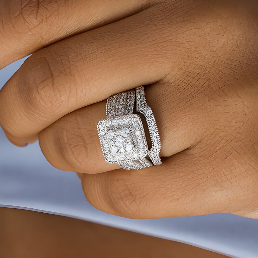 1.25 CT. TW Multi-Diamond Square Frame Vintage-Style Multi-Row Bridal Set in 10K White Gold