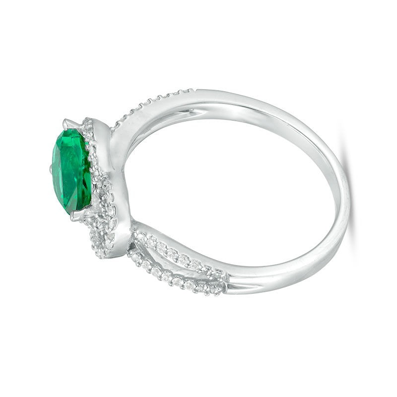 Pear-Shaped Lab-Created Emerald and 0.17 CT. TW Diamond Knot Frame Ring in Sterling Silver