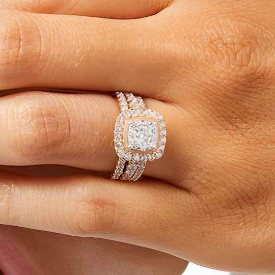 1.5 CT. TW Cushion Multi-Diamond Frame Three Piece Bridal Set in 10K Rose Gold