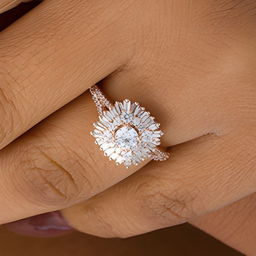 1.0 CT. TW Baguette and Round Diamond Starburst Frame Ring in 14K Rose Gold