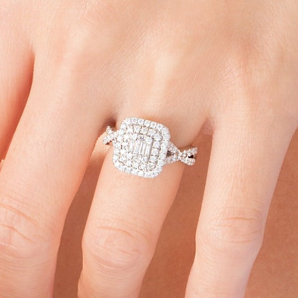 1.0 CT. TW Composite Diamond Double Cushion Frame Twist Shank Engagement Ring in 10K White Gold