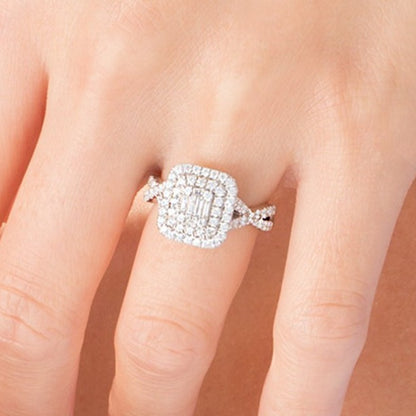 1.0 CT. TW Composite Diamond Double Cushion Frame Twist Shank Engagement Ring in 10K White Gold