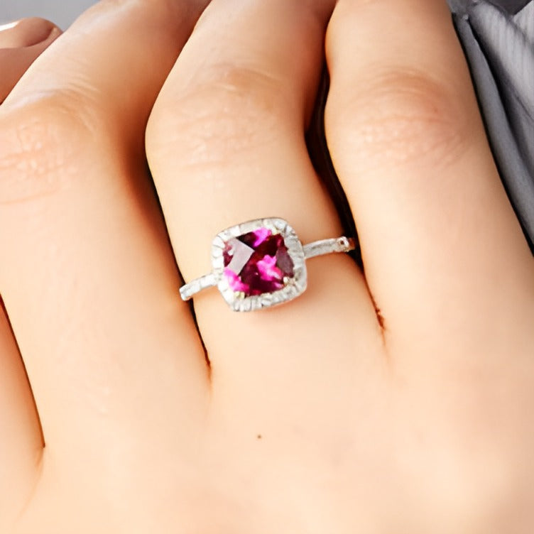 7.0mm Checkerboard Cushion-Shaped Lab-Created Ruby and 0.2 CT. TW Diamond Frame Ring in 10K Gold