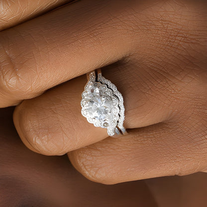 Lab-Created White Sapphire and 0.17 CT. TW Diamond Three Stone Bypass Vintage-Style Bridal Set in Sterling Silver