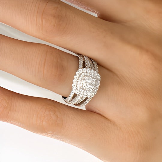 1.13 CT. TW Cushion-Shape Multi-Diamond Frame Split Shank Multi-Row Bridal Set in 10K White Gold