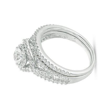 5.0mm Lab-Created White Sapphire Frame Bypass Swirl Split Shank Bridal Set in Sterling Silver