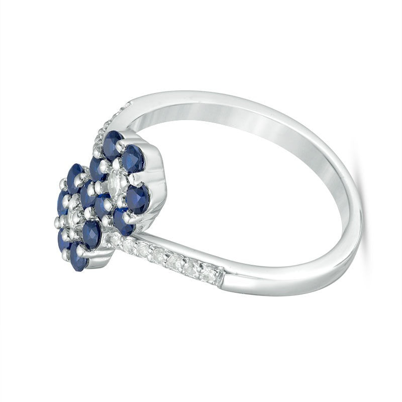Lab-Created Blue and White Sapphire Double Flower Bypass Ring in Sterling Silver
