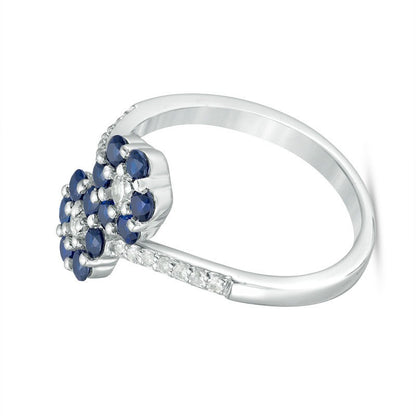 Lab-Created Blue and White Sapphire Double Flower Bypass Ring in Sterling Silver