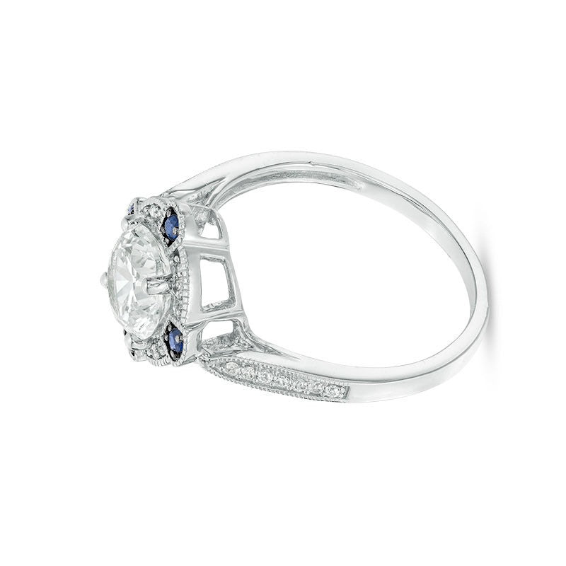 Lab-Created White and Blue Sapphire with 0.13 CT. TW Diamond Compass Frame Vintage-Style Ring in Sterling Silver