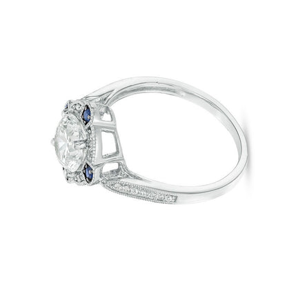 Lab-Created White and Blue Sapphire with 0.13 CT. TW Diamond Compass Frame Vintage-Style Ring in Sterling Silver