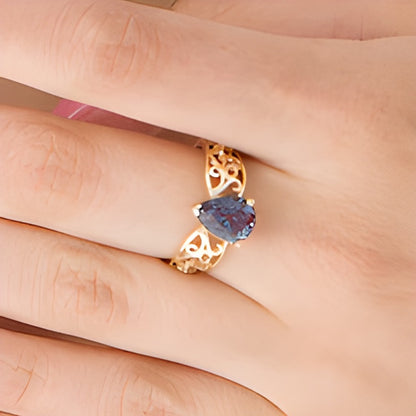 Pear-Shaped Lab-Created Alexandrite Wide Filigree Ring in 10K Gold