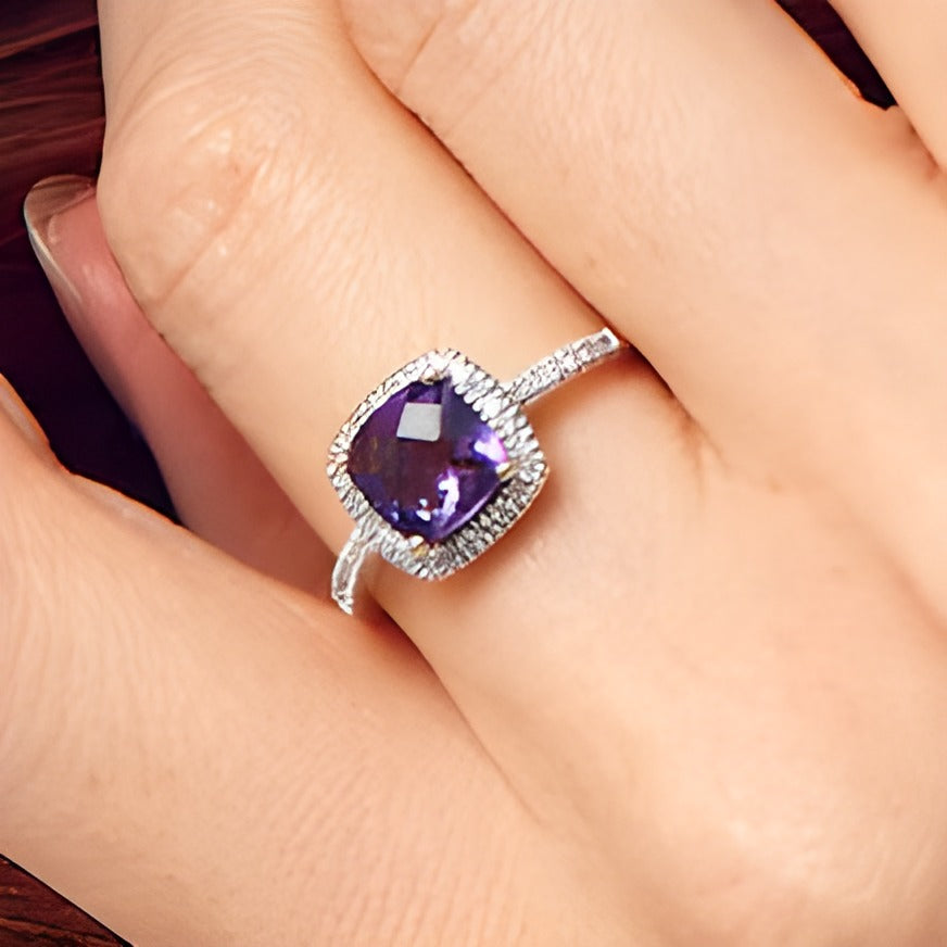 7.0mm Cushion-Shaped Amethyst and 0.2 CT. TW Diamond Frame Ring in 10K Gold