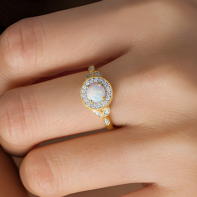 5.5mm Lab-Created Opal and 0.13 CT. TW Diamond Frame Vintage-Style Ring in 10K Gold