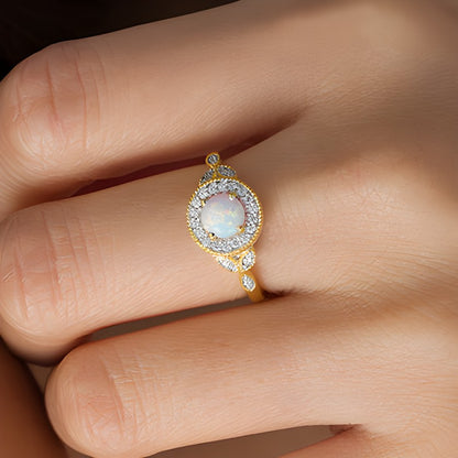 5.5mm Lab-Created Opal and 0.13 CT. TW Diamond Frame Vintage-Style Ring in 10K Gold