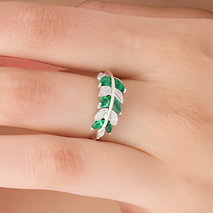 Marquise Lab-Created Emerald and 0.07 CT. TW Diamond Leaves Ring in Sterling Silver