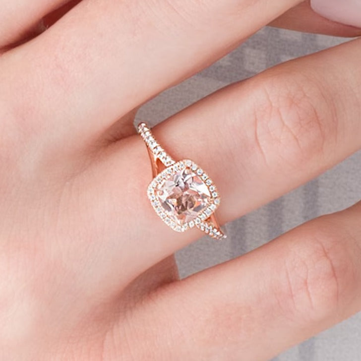 7.0mm Cushion-Cut Morganite and 0.25 CT. TW Diamond Frame Split Shank Ring in 10K Rose Gold