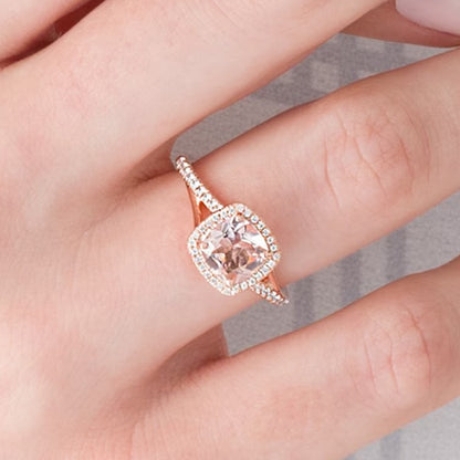 7.0mm Cushion-Cut Morganite and 0.25 CT. TW Diamond Frame Split Shank Ring in 10K Rose Gold