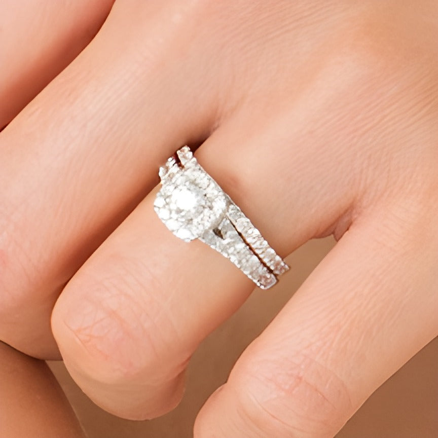 1.5 CT. TW Diamond Cushion-Shaped Frame Split Shank Bridal Set in 10K White Gold