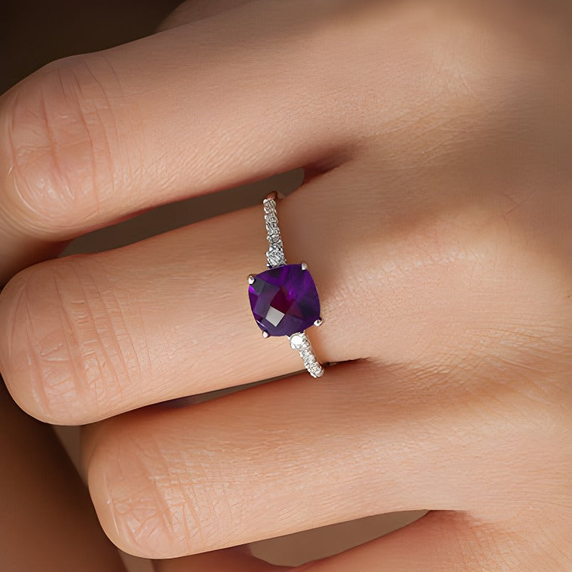 7.0mm Cushion-Shaped Amethyst and 0.13 CT. TW Diamond Engagement Ring in 10K White Gold
