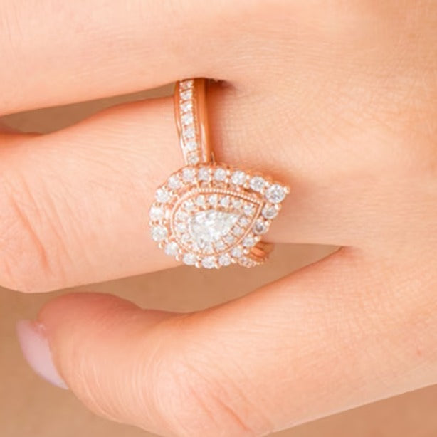 0.63 CT. TW Pear-Shaped Diamond Double Frame Stepped Edge Vintage-Style Engagement Ring in 10K Rose Gold