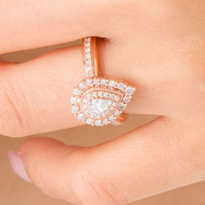 0.63 CT. TW Pear-Shaped Diamond Double Frame Stepped Edge Vintage-Style Engagement Ring in 10K Rose Gold