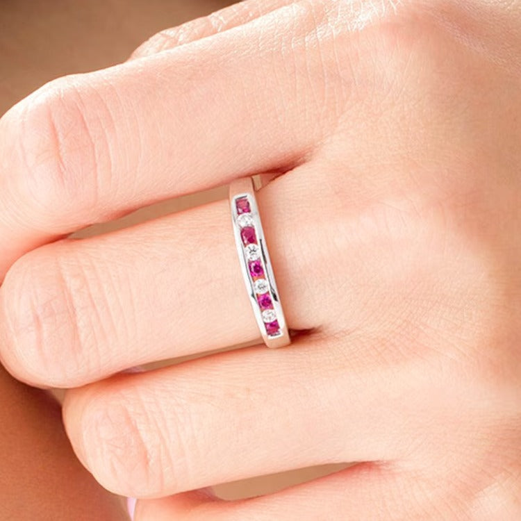 Ruby and 0.13 CT. TW Diamond Channel-Set Alternating Band in 14K White Gold