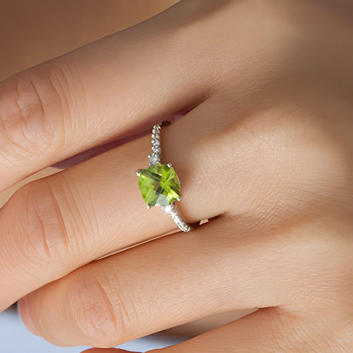 7.0mm Cushion-Shaped Peridot and 0.13 CT. TW Diamond Engagement Ring in 10K White Gold