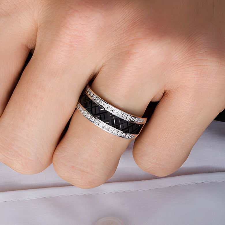 0.5 CT. TW Diamond Zig-Zag Center Wedding Band in 10K White Gold with Black Rhodium