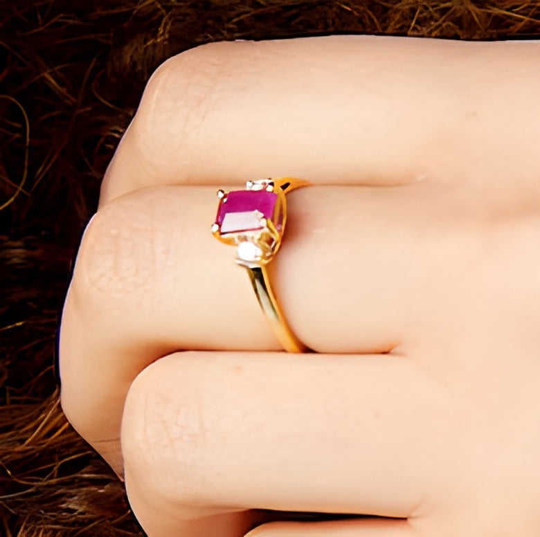 Emerald-Cut Ruby and 0.2 CT. TW Diamond Three Stone Ring in 14K Gold