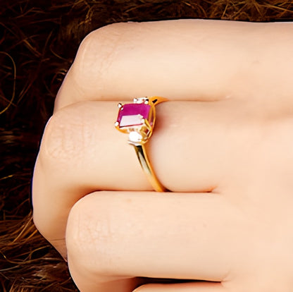 Emerald-Cut Ruby and 0.2 CT. TW Diamond Three Stone Ring in 14K Gold