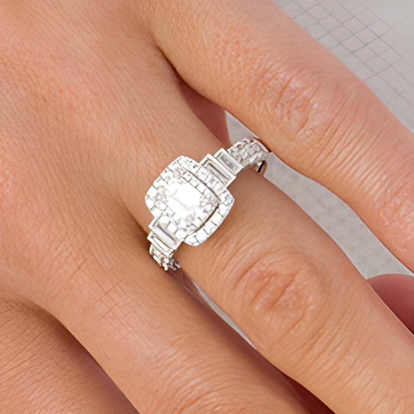 1.2 CT. TW Emerald-Cut Diamond Frame Vintage-Style Tiered Shank Engagement Ring in 14K White Gold (I/I1)