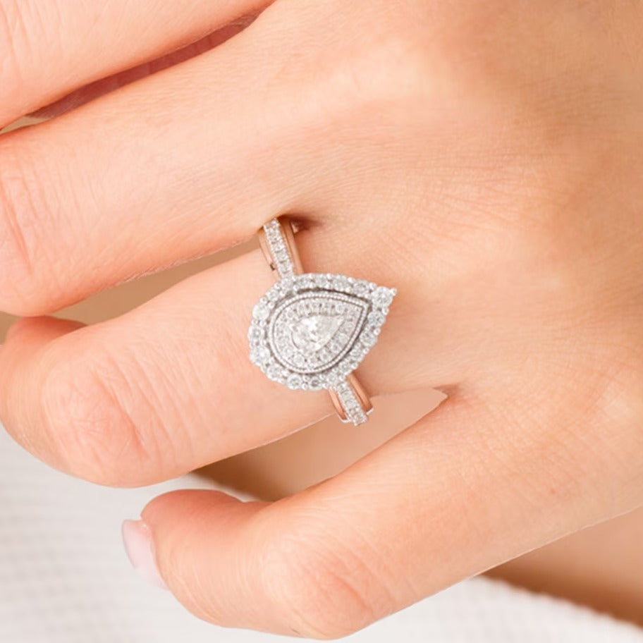 0.63 CT. TW Pear-Shaped Diamond Double Frame Vintage-Style Engagement Ring in 10K White Gold