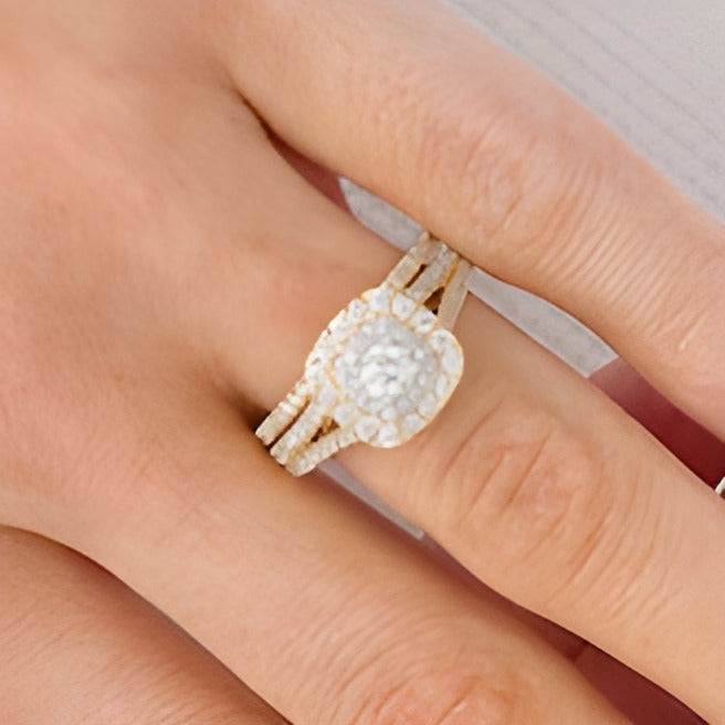 1.0 CT. TW Diamond Double Cushion-Shaped Frame Multi-Row Bridal Set in 10K Gold