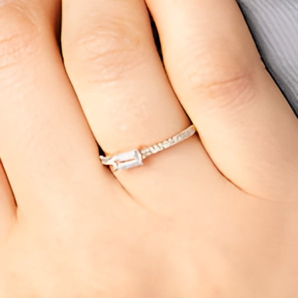 Sideways Baguette White Lab-Created Sapphire and 0.1 CT. TW Diamond PavÃ© Ring in 10K Rose Gold
