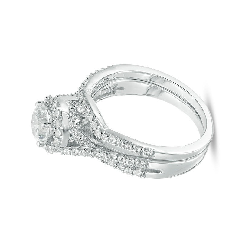 6.0mm Lab-Created White Sapphire Frame Criss-Cross Shank Bridal Set in Sterling Silver